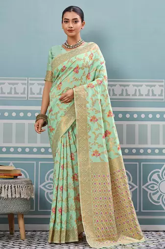 Green colour flour printed silk saree with blouse wedding wear saree