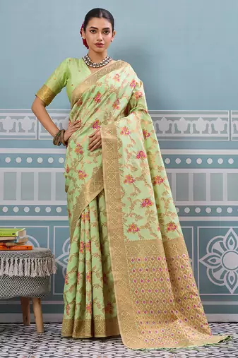 Parrot green colour flour printed silk saree with blouse wedding wear saree