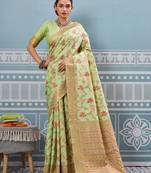 Parrot green colour flour printed silk saree with blouse wedding wear saree