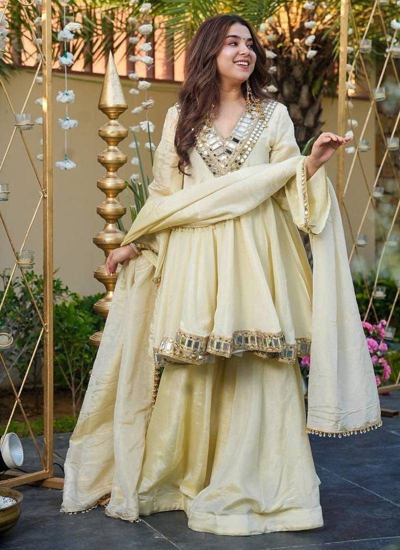 Cream Embroidered sharara Set