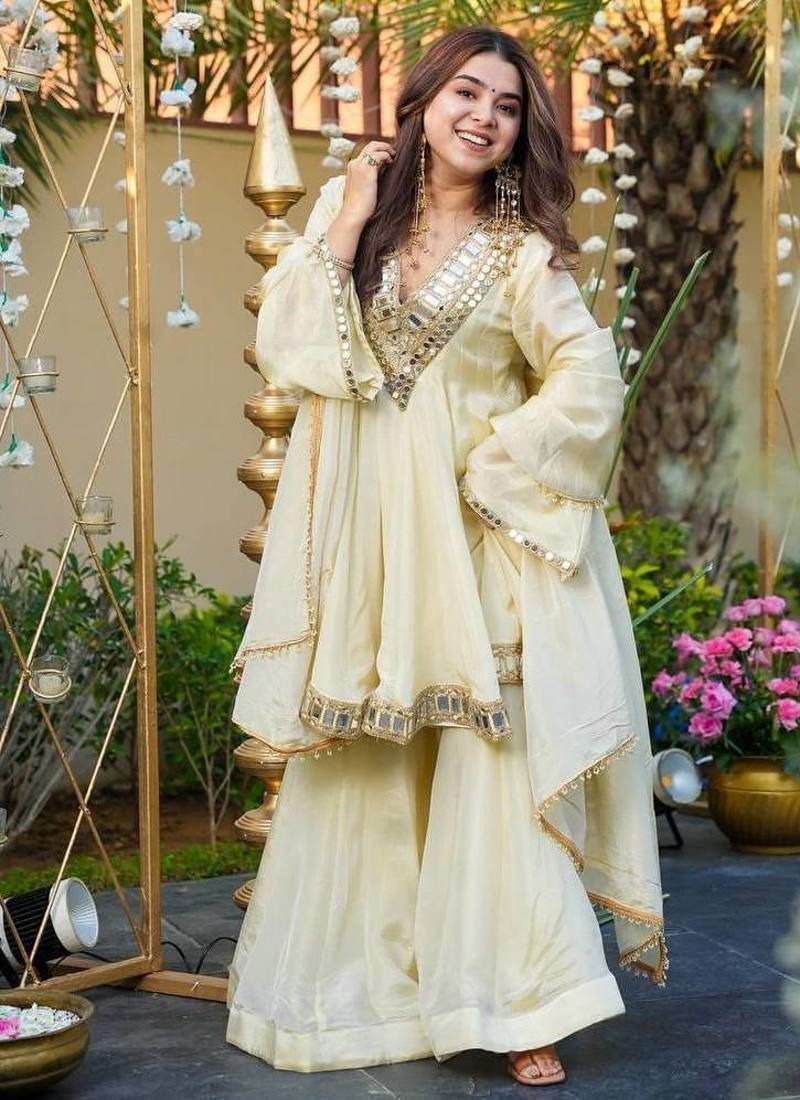 Cream Embroidered sharara Set