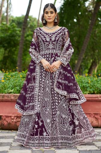 Purple net anarkali gown salwar suit semi stitched