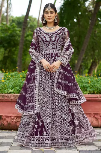 Purple net anarkali gown salwar suit semi stitched