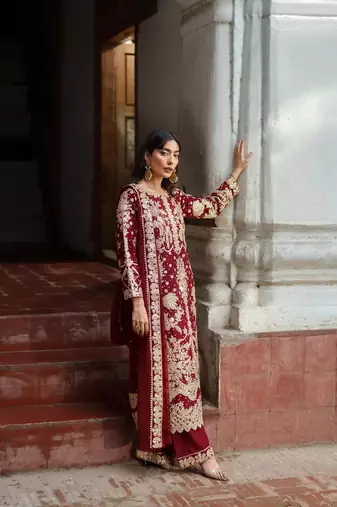 Maroon embroidered Straight Suit Set