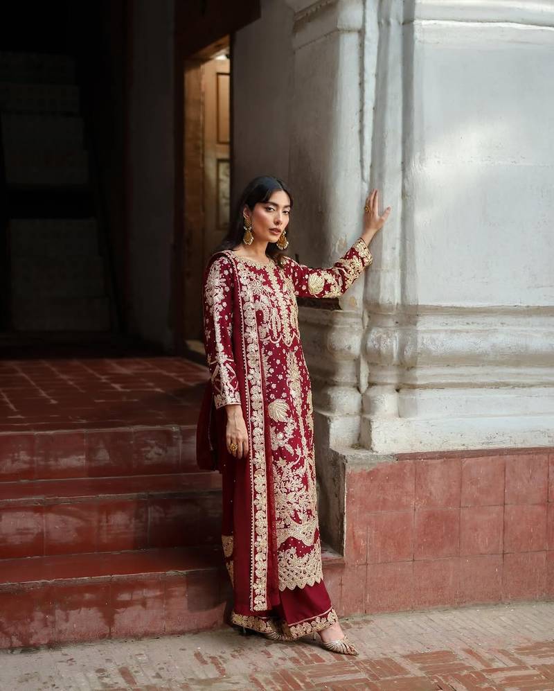Maroon embroidered Straight Suit Set