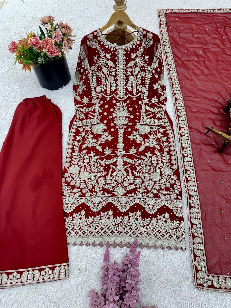Maroon embroidered Straight Suit Set