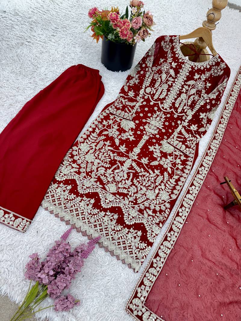 Maroon embroidered Straight Suit Set