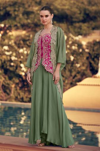 pista green crop top suit set for women wedding wear-Full Stitched free size