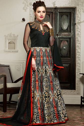 Black Silk Digital printed SEMI STITCHED PARTY WEAR GOWN ANARKALI