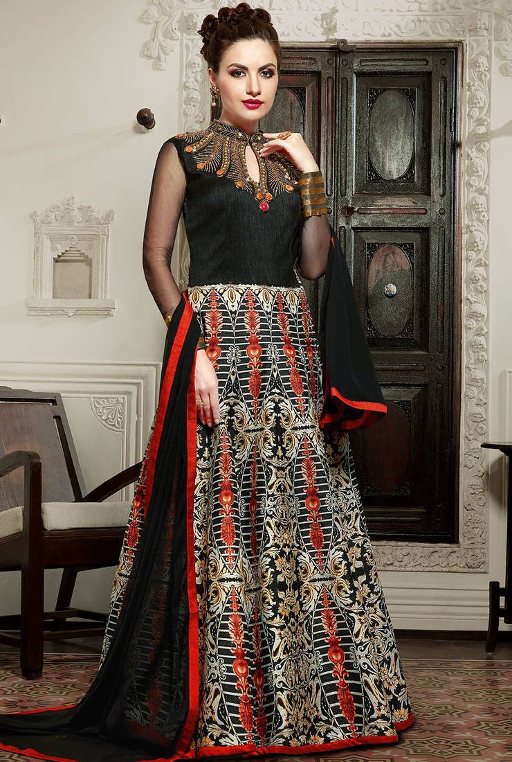 Black Silk Digital printed SEMI STITCHED PARTY WEAR GOWN ANARKALI