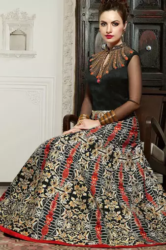 Black Silk Digital printed SEMI STITCHED PARTY WEAR GOWN ANARKALI