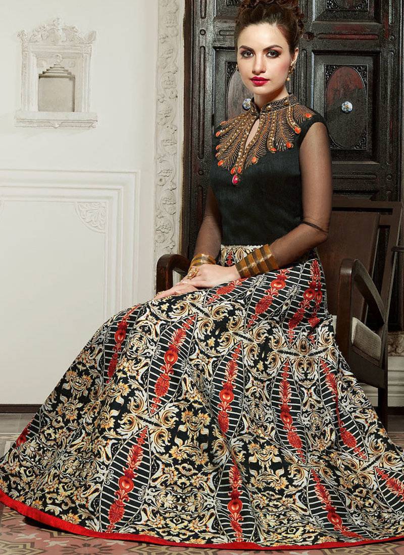 Black Silk Digital printed SEMI STITCHED PARTY WEAR GOWN ANARKALI