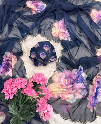 floral printed navy blue tabby silk saree for women with hand work 1