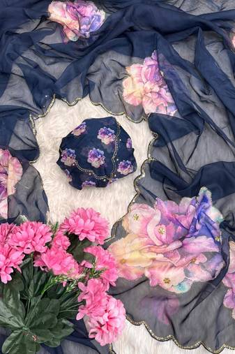 floral printed navy blue tabby silk saree for women with hand work