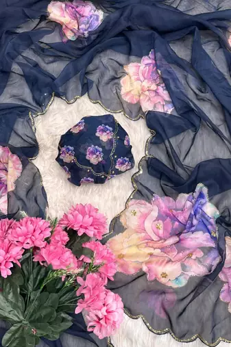 floral printed navy blue tabby silk saree for women with hand work