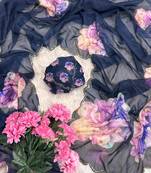 floral printed navy blue tabby silk saree for women with hand work