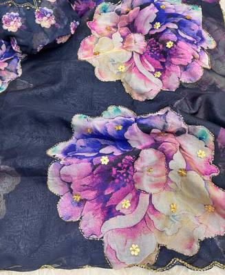floral printed navy blue tabby silk saree for women with hand work 2