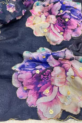 floral printed navy blue tabby silk saree for women with hand work