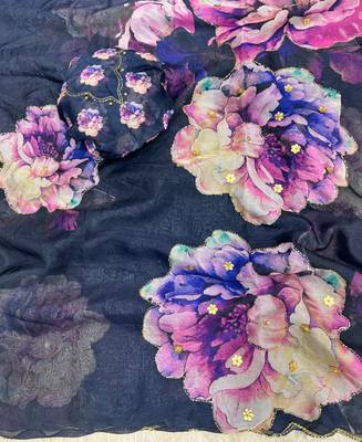 floral printed navy blue tabby silk saree for women with hand work 3
