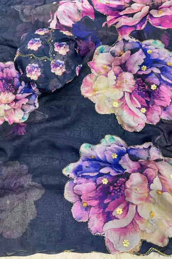 floral printed navy blue tabby silk saree for women with hand work