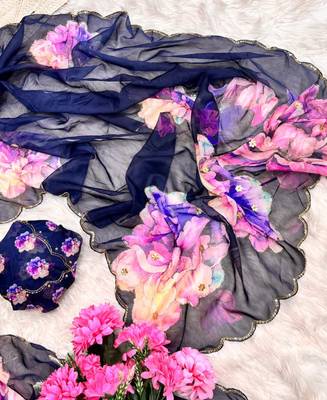 floral printed navy blue tabby silk saree for women with hand work 4