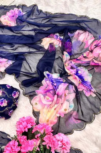 floral printed navy blue tabby silk saree for women with hand work