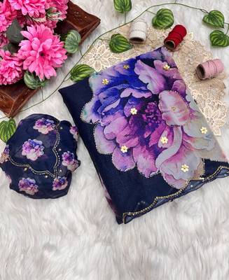floral printed navy blue tabby silk saree for women with hand work 5
