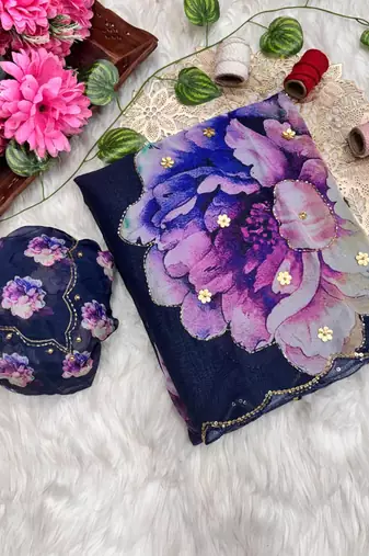 floral printed navy blue tabby silk saree for women with hand work