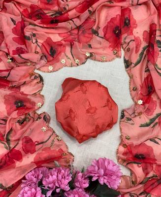 trendy red tabby silk floral print saree for women with hand embroidery 1