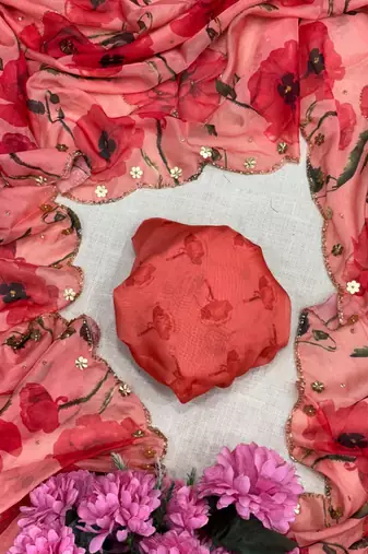 trendy red tabby silk floral print saree for women with hand embroidery