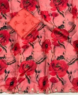 trendy red tabby silk floral print saree for women with hand embroidery 2
