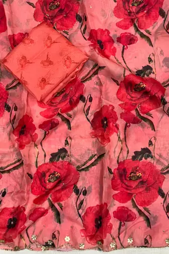 trendy red tabby silk floral print saree for women with hand embroidery