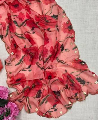 trendy red tabby silk floral print saree for women with hand embroidery 3