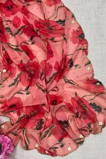 trendy red tabby silk floral print saree for women with hand embroidery