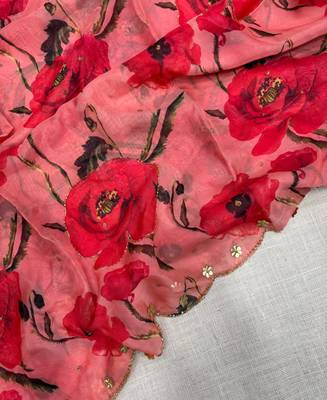 trendy red tabby silk floral print saree for women with hand embroidery 4