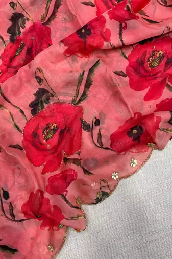 trendy red tabby silk floral print saree for women with hand embroidery