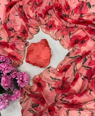 trendy red tabby silk floral print saree for women with hand embroidery 5
