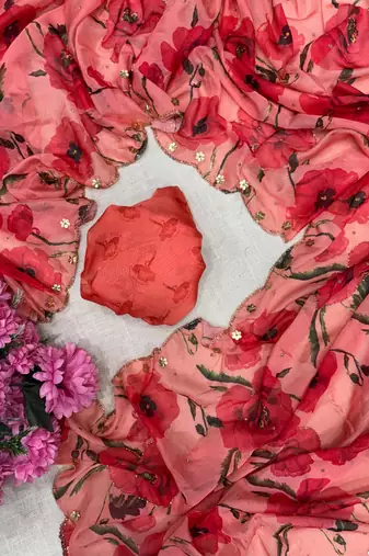 trendy red tabby silk floral print saree for women with hand embroidery