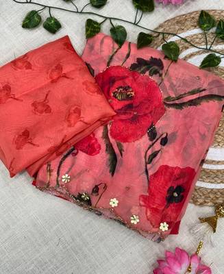 trendy red tabby silk floral print saree for women with hand embroidery 6