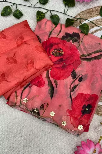 trendy red tabby silk floral print saree for women with hand embroidery
