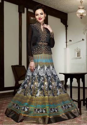 Black And Turquoise Silk Digital Printed anarkali Semi Stiched Suit 1