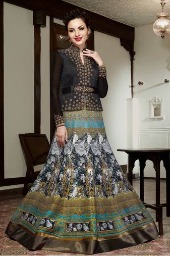 Black And Turquoise Silk Digital Printed anarkali Semi Stiched Suit
