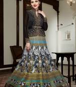 Black And Turquoise Silk Digital Printed anarkali Semi Stiched Suit