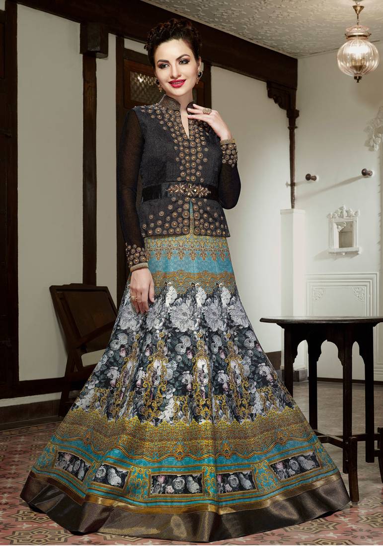 Black And Turquoise Silk Digital Printed anarkali Semi Stiched Suit