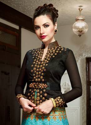Black And Turquoise Silk Digital Printed anarkali Semi Stiched Suit 2