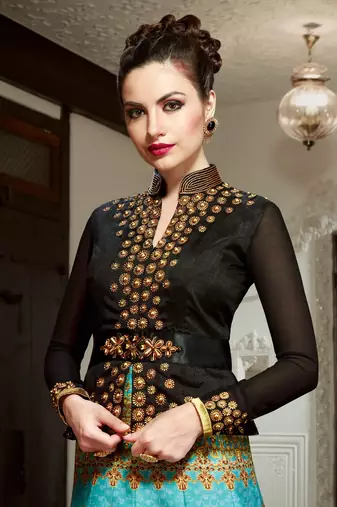 Black And Turquoise Silk Digital Printed anarkali Semi Stiched Suit