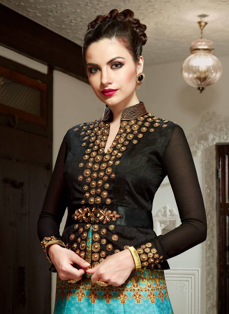 Black And Turquoise Silk Digital Printed anarkali Semi Stiched Suit