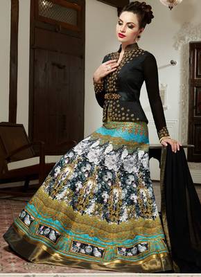 Black And Turquoise Silk Digital Printed anarkali Semi Stiched Suit 3