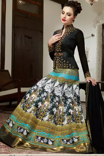 Black And Turquoise Silk Digital Printed anarkali Semi Stiched Suit