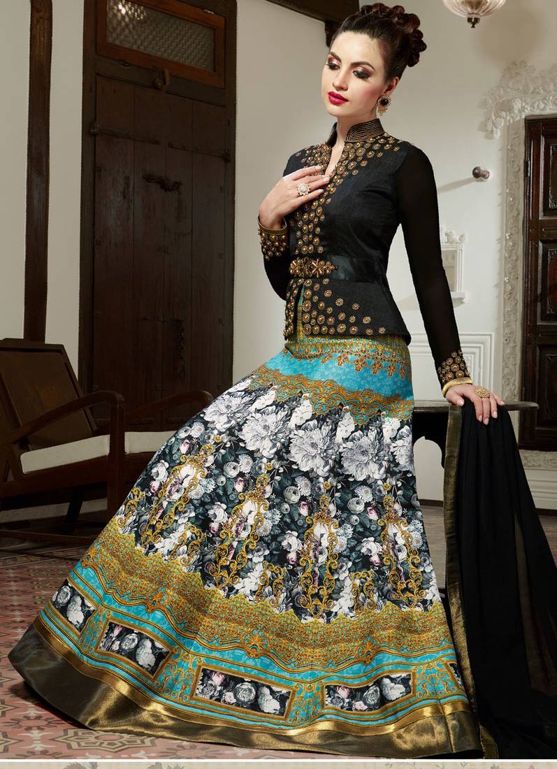 Black And Turquoise Silk Digital Printed anarkali Semi Stiched Suit